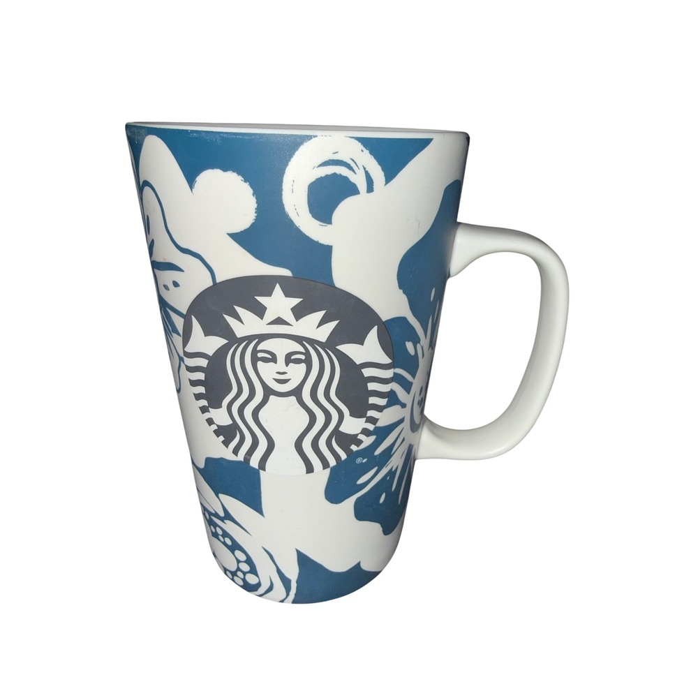 Starbucks 2015 Blue White Floral Siren Logo Coffee Mug 16oz Tapered Ceramic Cup